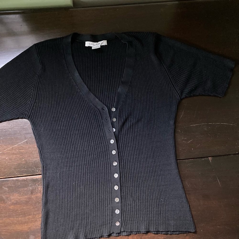 100% Silk Ribbed Button-Up short sleeve Top with Mother of Pearl Buttons